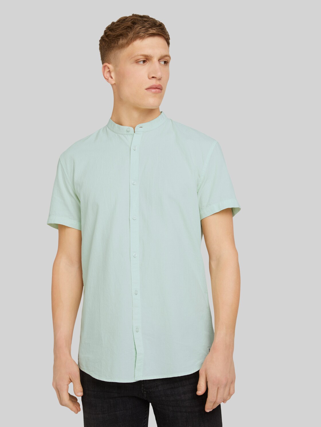 TOM TAILOR DENIM Gemustertes Kurzarmhemd mit Stehkragen, Herren, light mint minimal dobby, Größe: M