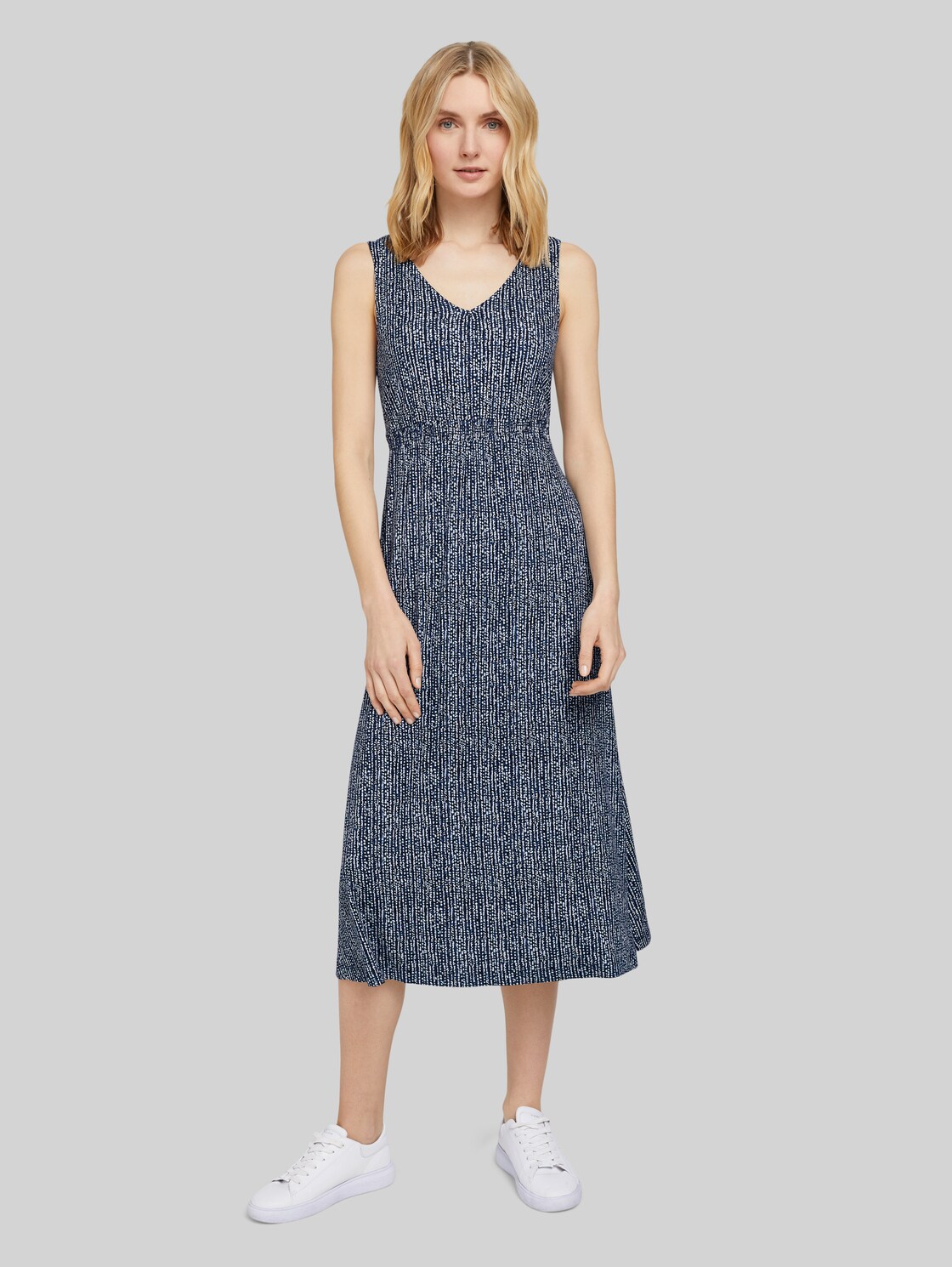 TOM TAILOR Ärmelloses Midikleid mit Muster, Damen, blue minimal design vertical, Größe: 42