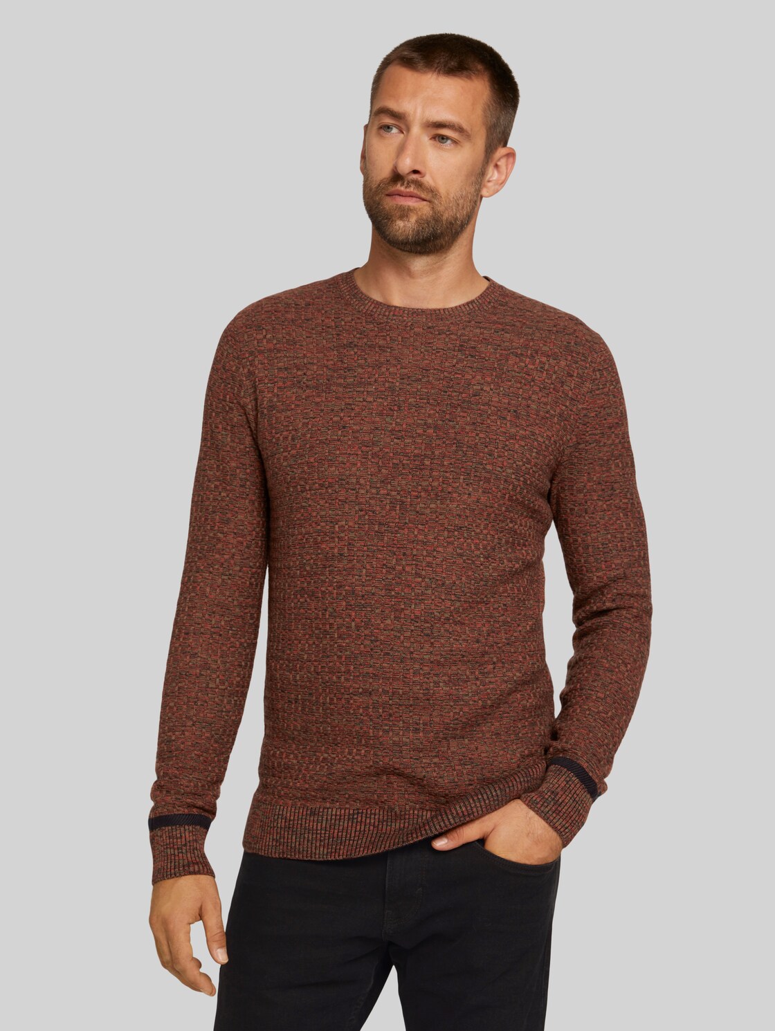 TOM TAILOR Pullover aus Bio-Baumwolle, Herren, navy red olive mouline, Größe: XL