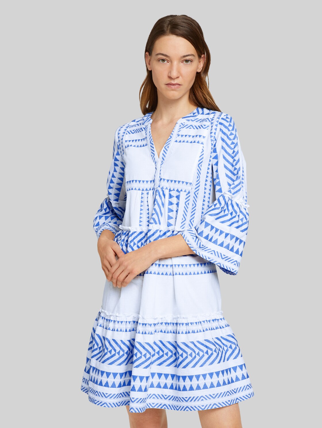 TOM TAILOR Gemustertes Boho-Kleid mit Volants, Damen, white blue large ikat design, Größe: 38