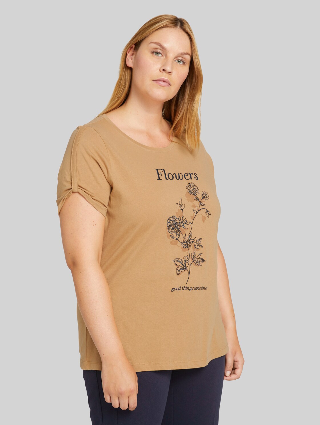 TOM TAILOR Plus - Print T-Shirt mit Bio-Baumwolle, Damen, soft caramel, Größe: 46