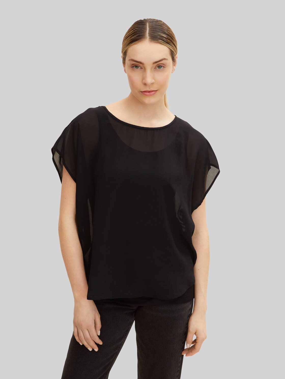 TOM TAILOR Damen Shirt mit Chiffon, blau, Gr. XS, viskose