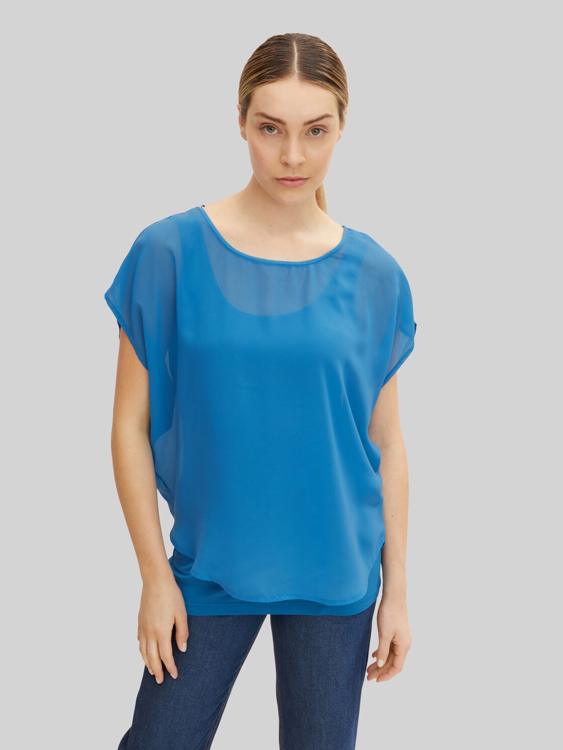 TOM TAILOR Damen Shirt mit Chiffon, blau, Gr. M, viskose