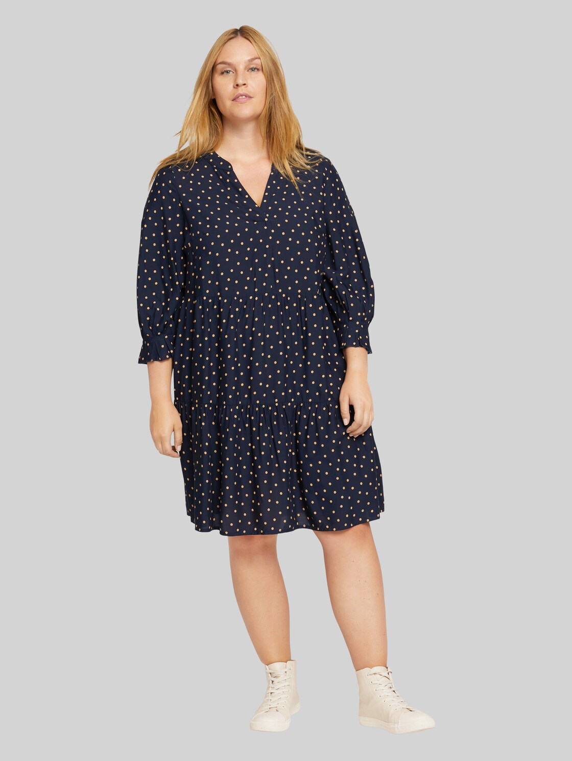 TOM TAILOR Plus - Volant Keid mit LENZING(TM) ECOVERO(TM), Damen, navy brown dot, Größe: 46