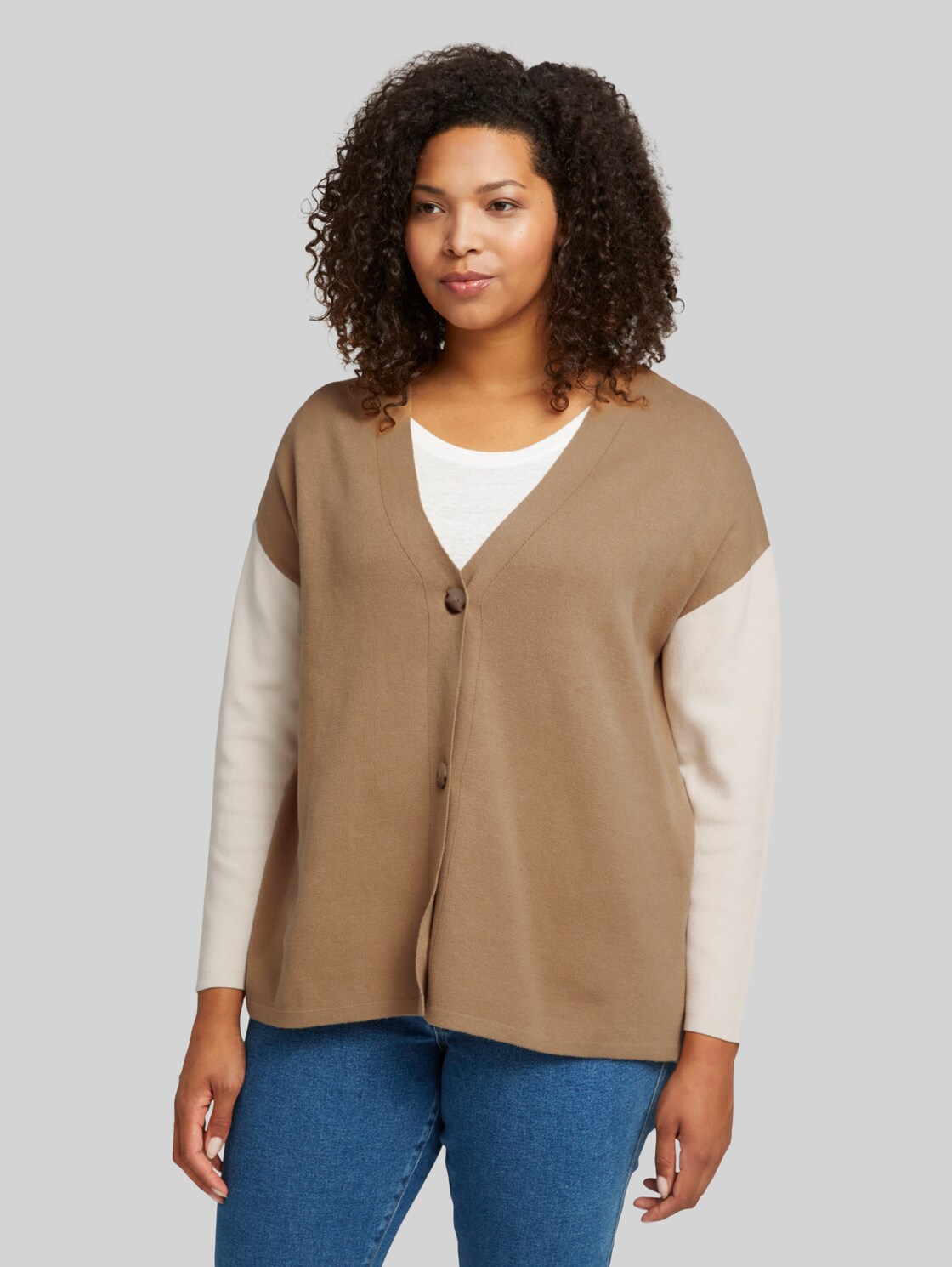 TOM TAILOR Plus - Zweifarbiger Cardigan, Damen, soft caramel, Größe: 54