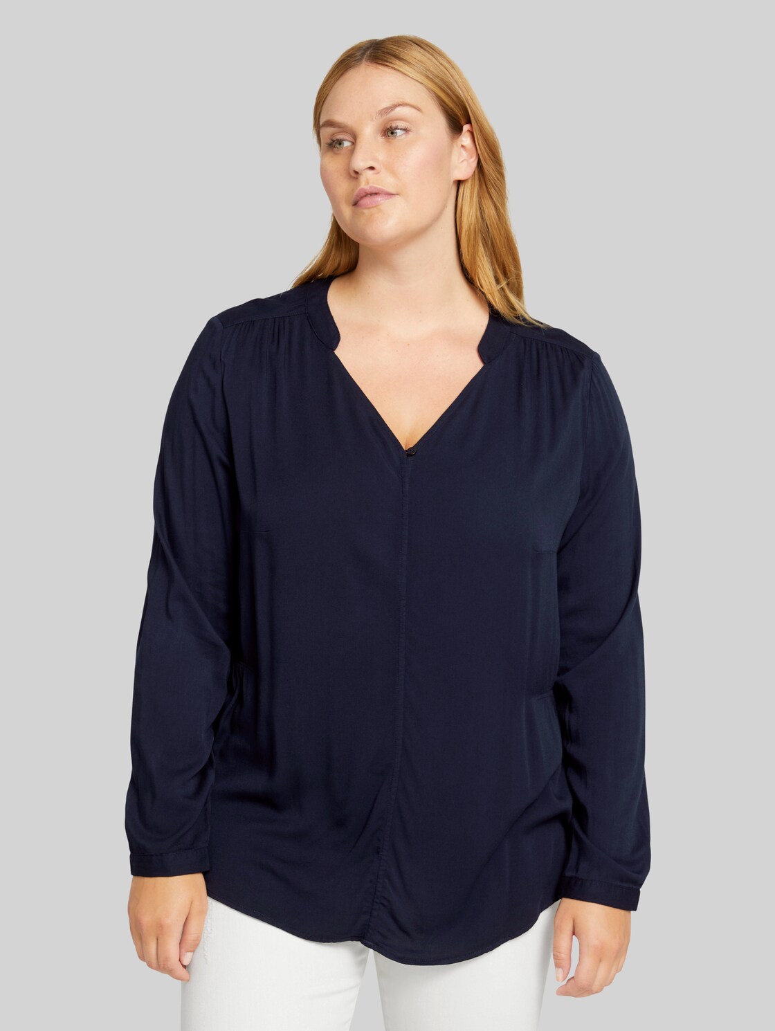 TOM TAILOR Plus - Bluse mit Taillenraffung, Damen, Sky Captain Blue, Größe: 48