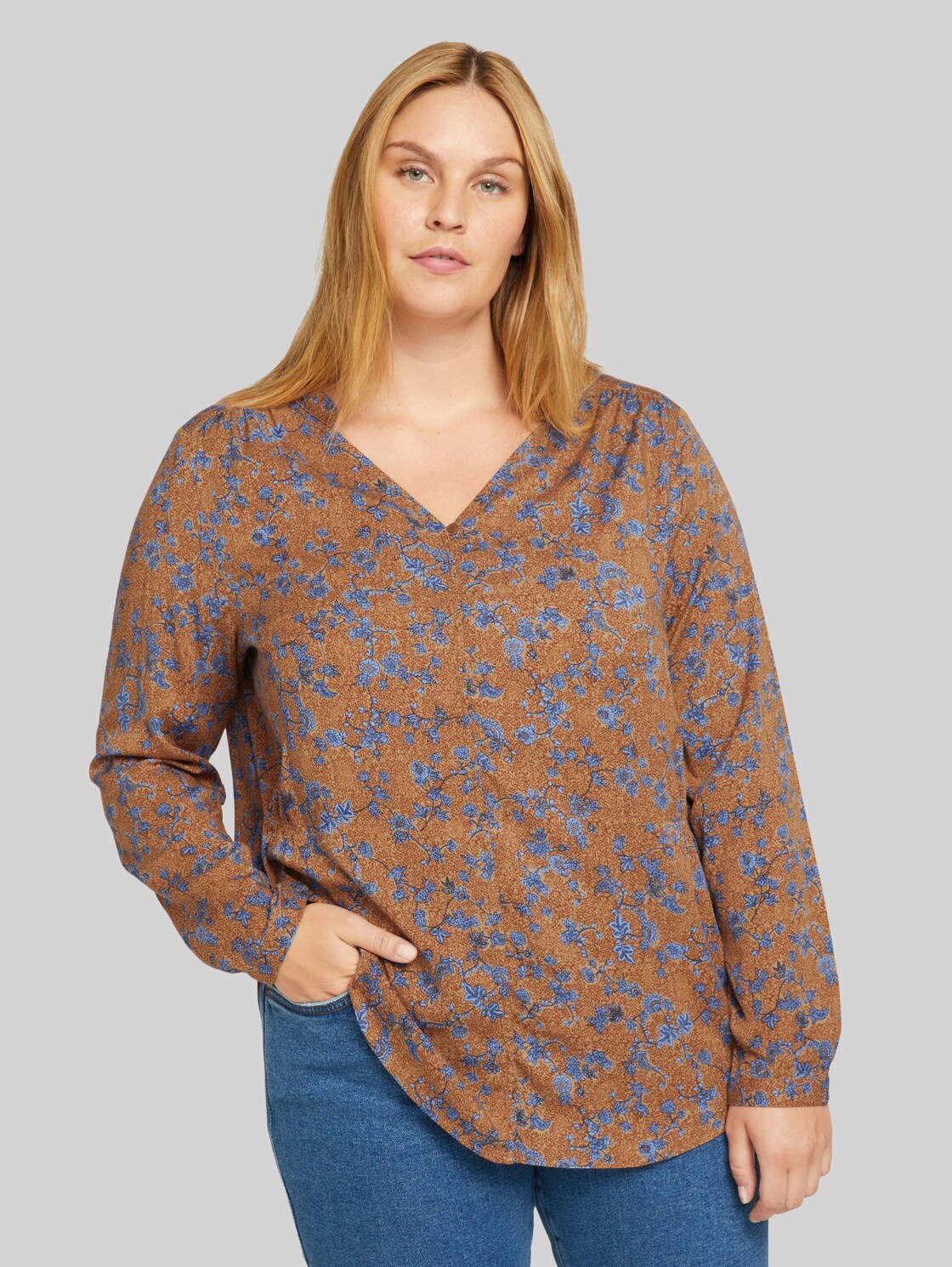 TOM TAILOR Plus - Bluse mit Taillenraffung, Damen, brown blue floral design, Größe: 48