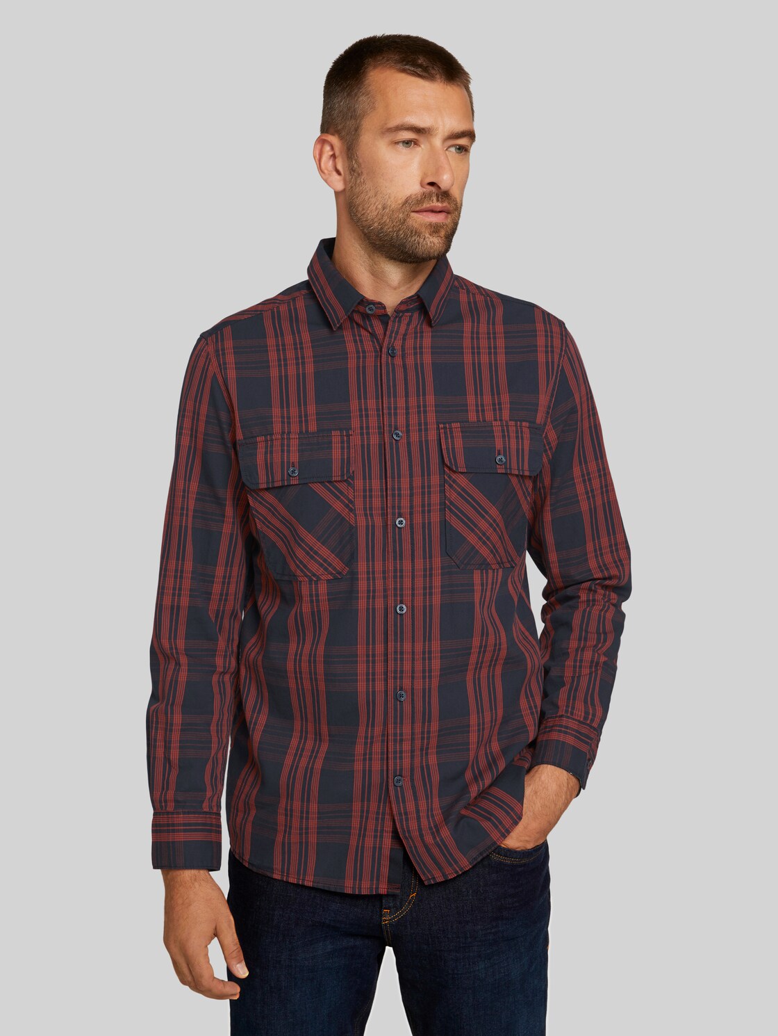 TOM TAILOR kariertes Hemd aus Bio-Baumwolle, Herren, navy red check on bedford, Größe: XL