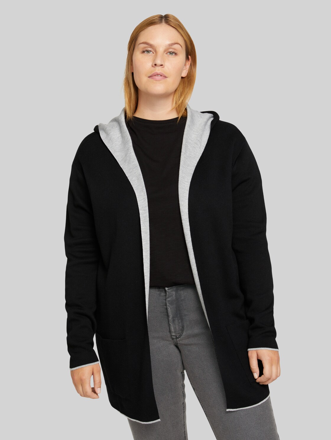 TOM TAILOR Plus - Cardigan mit Kapuze, Damen, deep black, Größe: 54