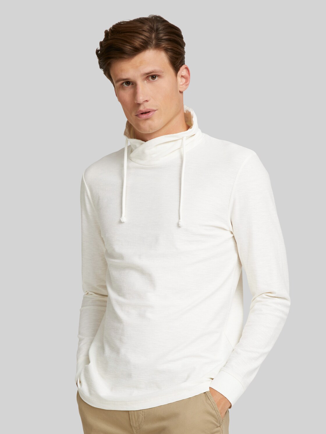 TOM TAILOR DENIM Langarmshirt mit Stehkragen, Herren, Soft Light Beige Melange, Größe: XL