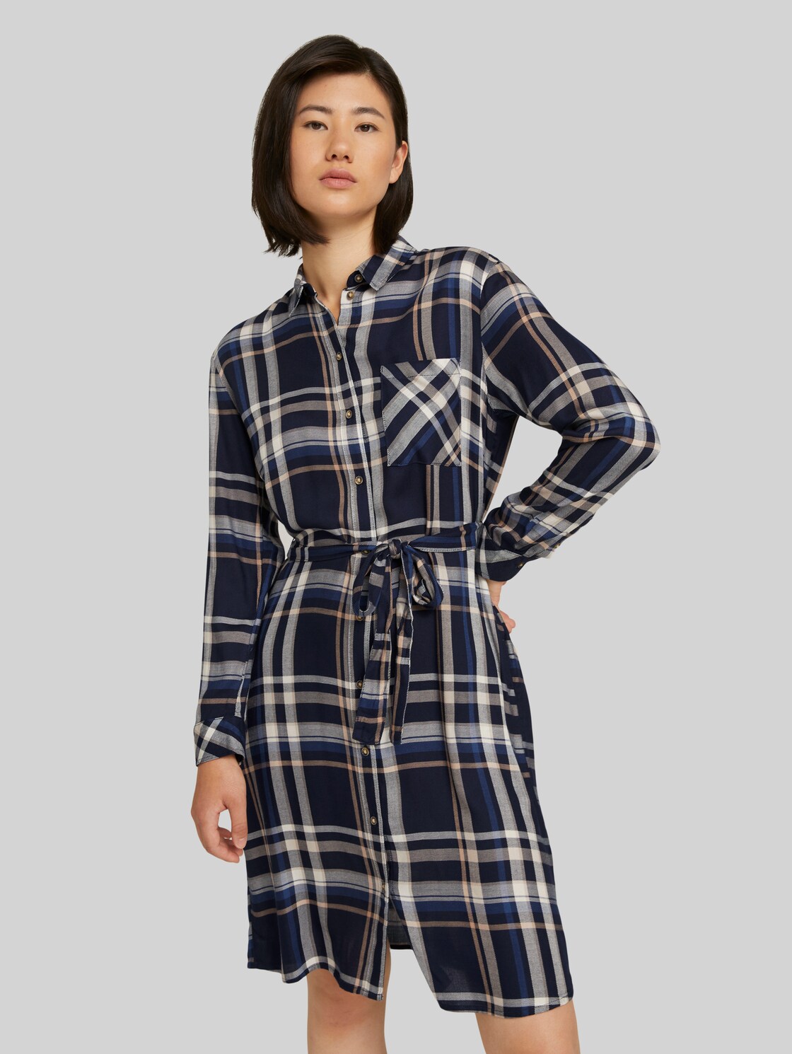 TOM TAILOR Kariertes Midi Blusenkleid, Damen, navy blue beige check, Größe: 42