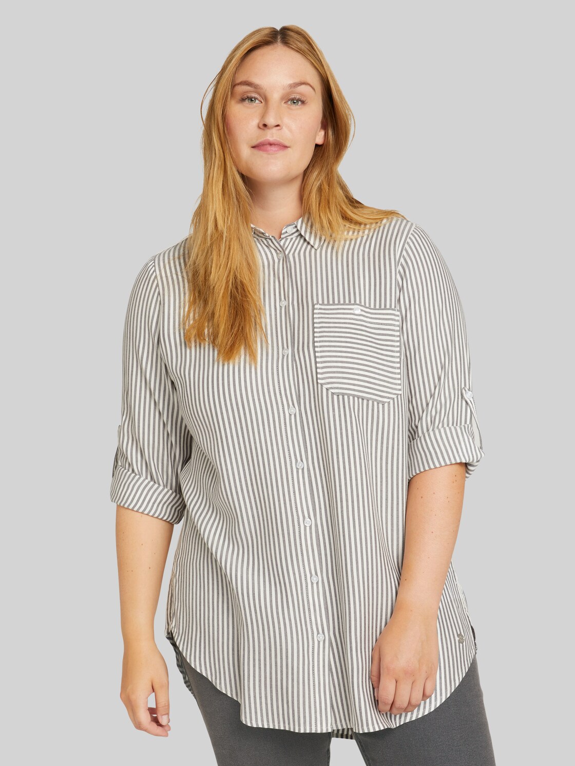 TOM TAILOR Plus - Lange Gestreifte Hemdbluse, Damen, anthra white stripe, Größe: 48