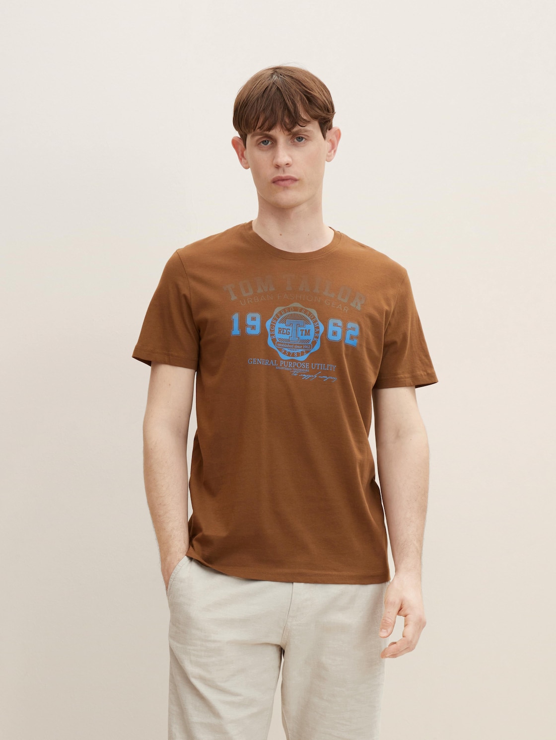 TOM TAILOR Herren T-Shirt mit Print, braun, Print, Gr. XL,
