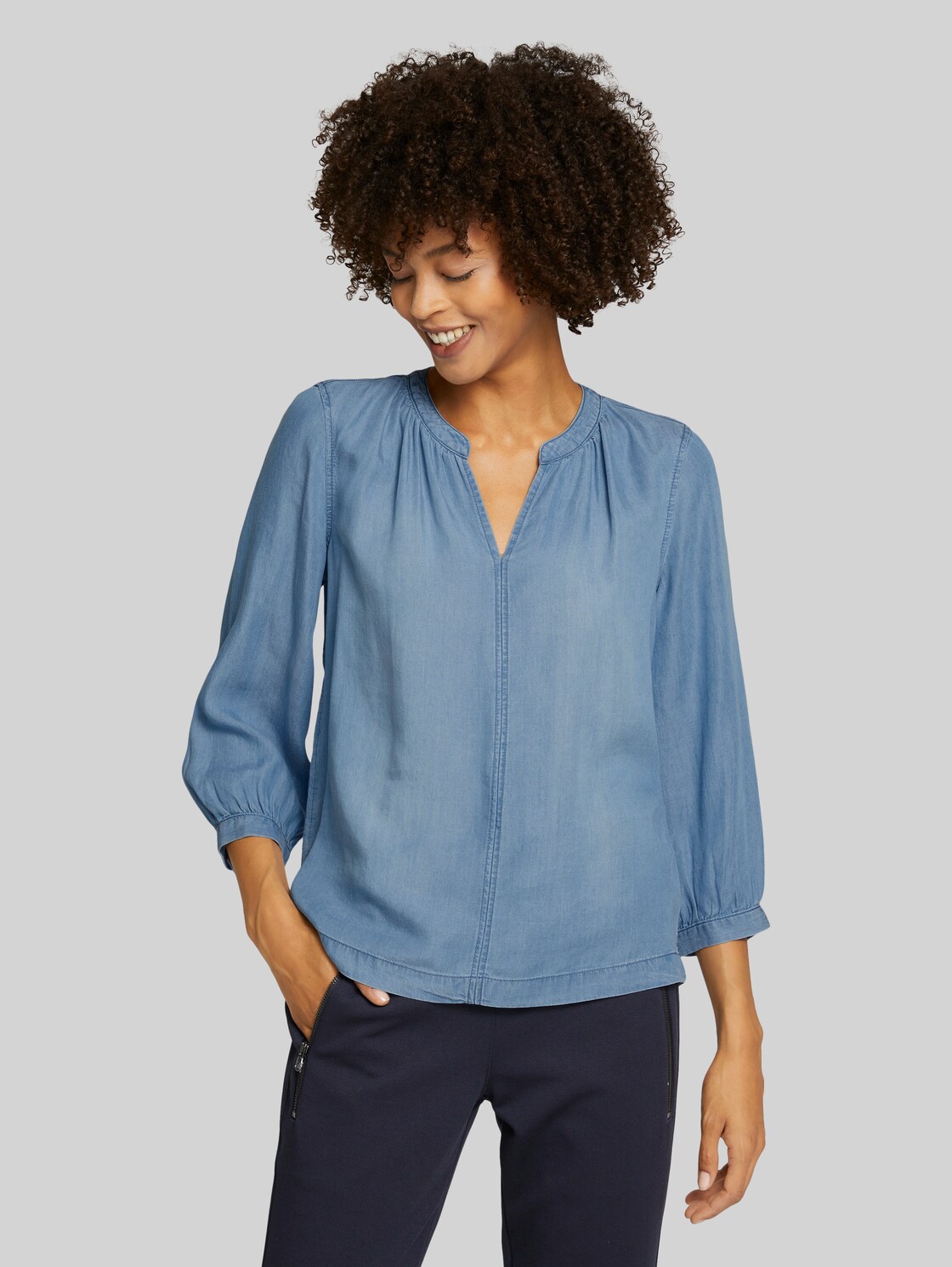 TOM TAILOR Denim Bluse mit TENCEL(TM) Lyocell, Damen, Blue Denim, Größe: 42