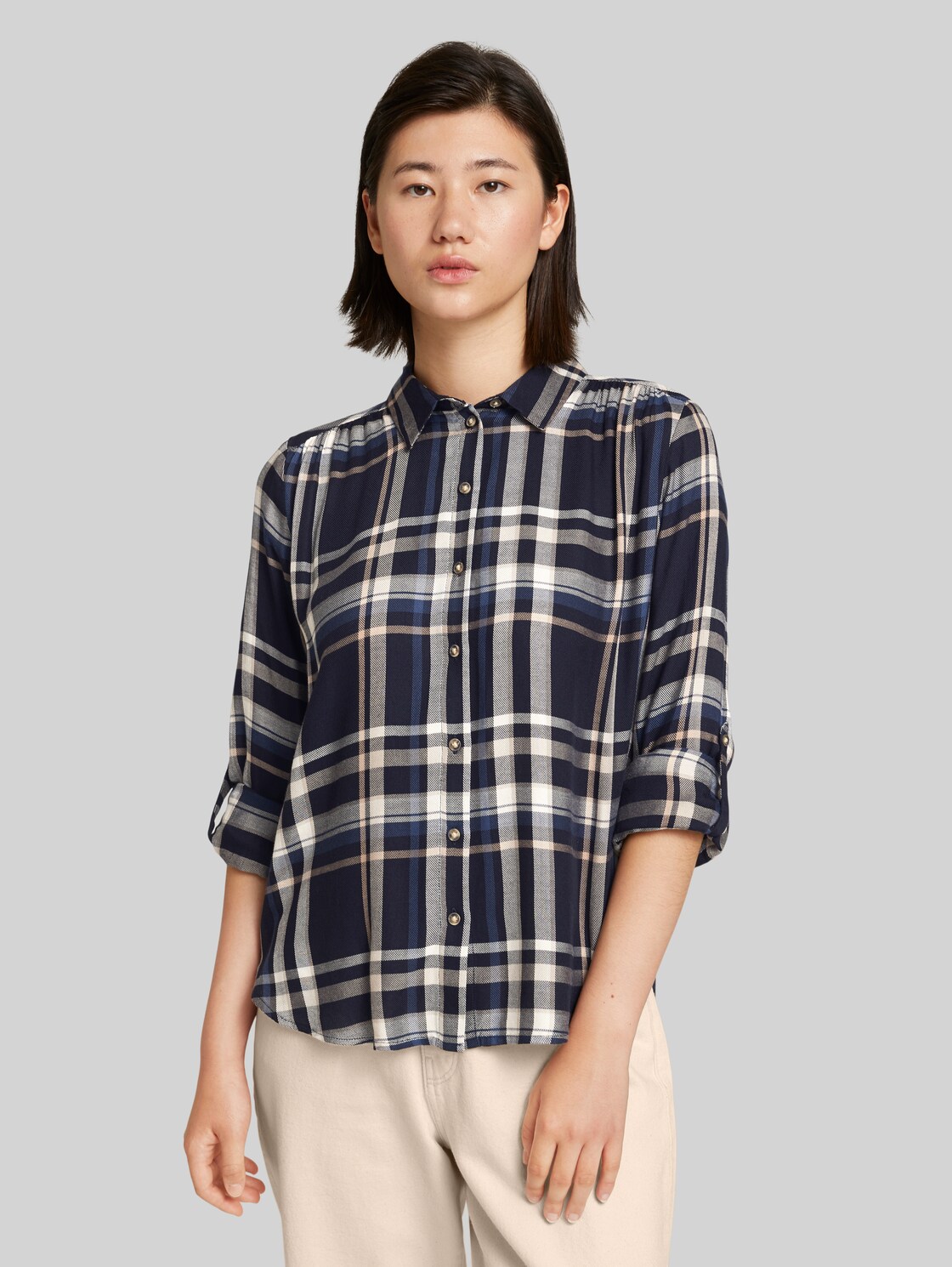 TOM TAILOR Karierte Hemdbluse, Damen, navy blue beige check, Größe: 46