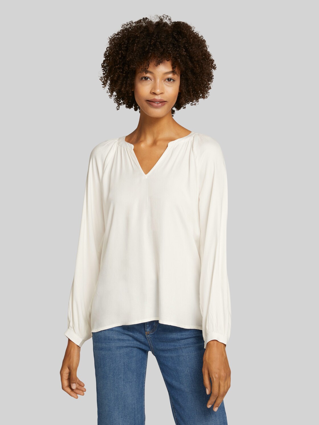 TOM TAILOR Geraffte Bluse mit LENZING(TM) ECOVERO(TM), Damen, Whisper White, Größe: 42