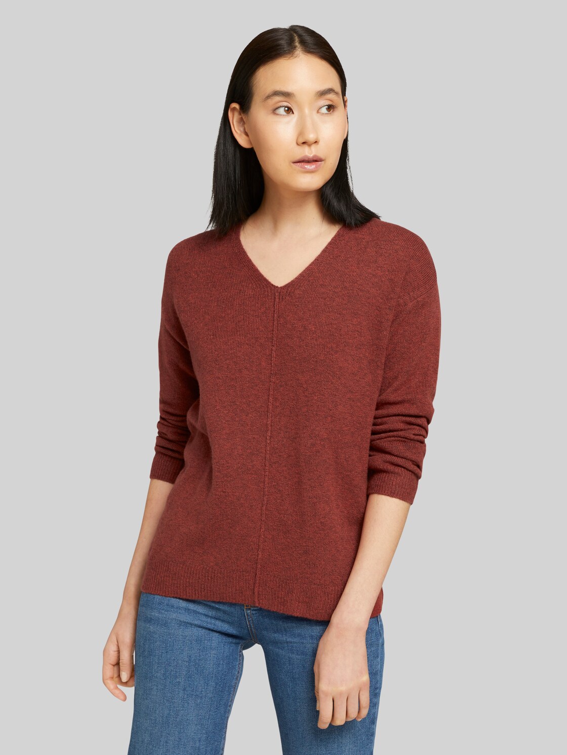 TOM TAILOR V-Ausschnitt Pullover, Damen, dark maroon red melange, Größe: S