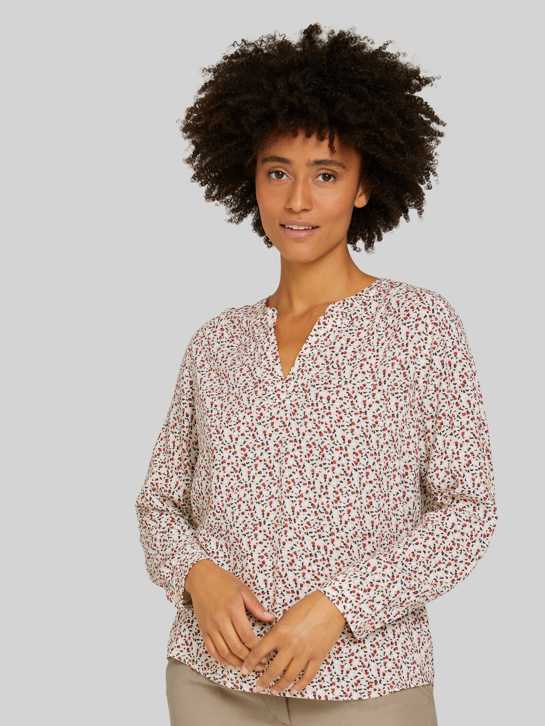 TOM TAILOR Gemusterte Henleybluse mit LENZING(TM) ECOVERO(TM), Damen, beige maroon blue minimal, Größe: 36