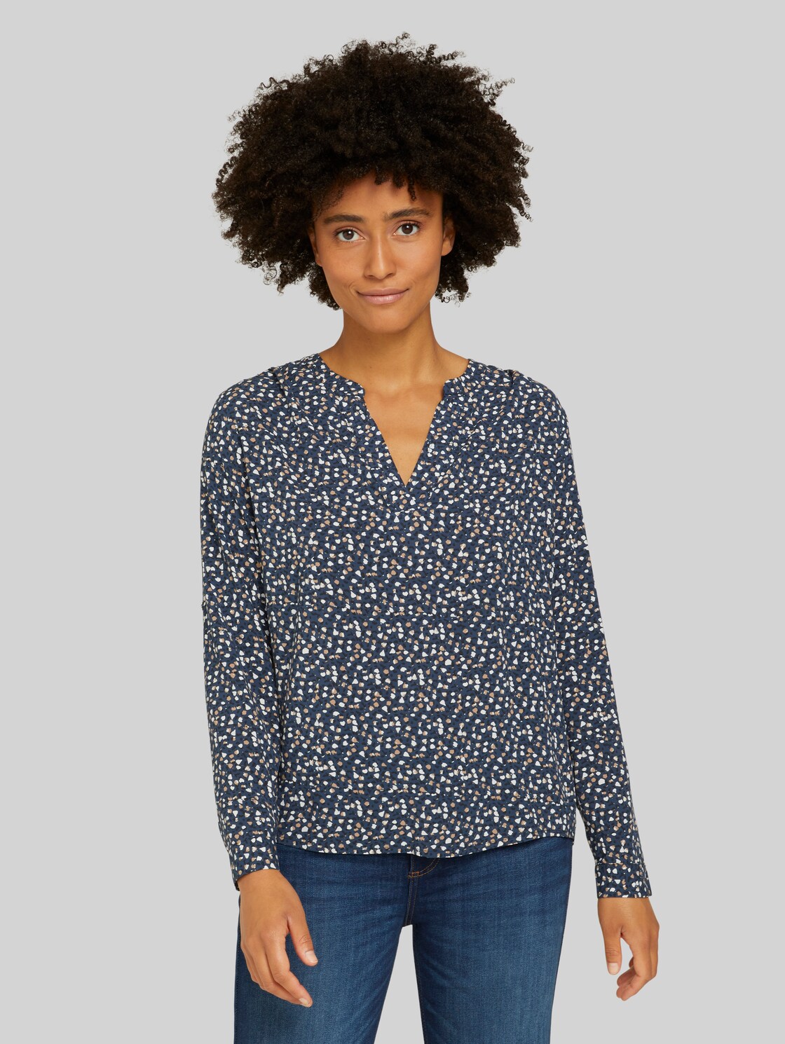 TOM TAILOR Gemusterte Henleybluse mit LENZING(TM) ECOVERO(TM), Damen, blue beige minimal, Größe: 38