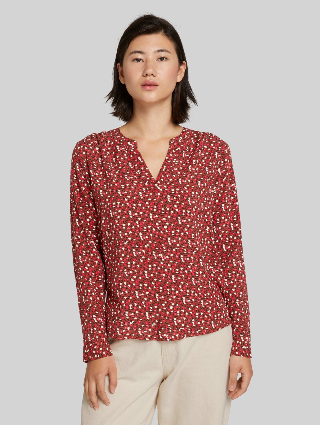 TOM TAILOR Gemusterte Henleybluse mit LENZING(TM) ECOVERO(TM), Damen, maroon red pink minimal, Größe: 44