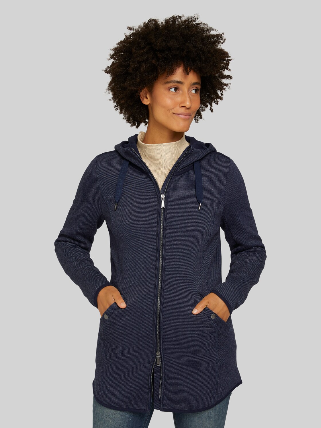TOM TAILOR Fleecejacke mit Kapuze, Damen, navy twill structure, Größe: XL