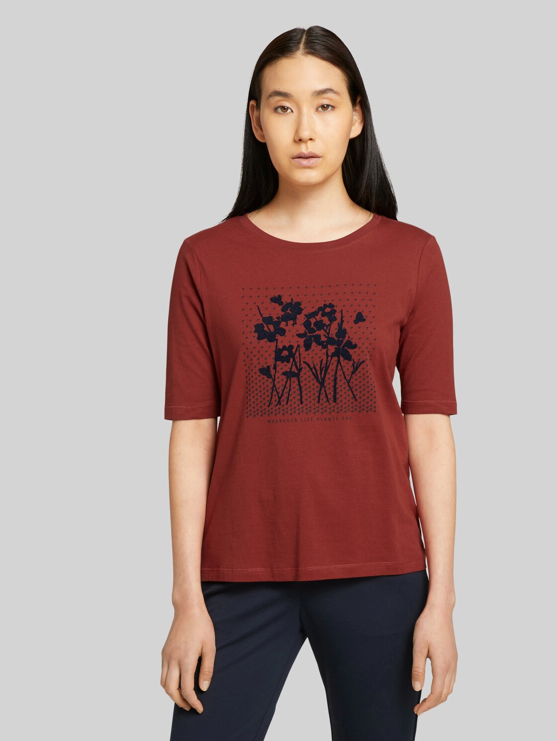 TOM TAILOR Halbarm Print Shirt mit Bio-Baumwolle, Damen, dark maroon red, Größe: XL