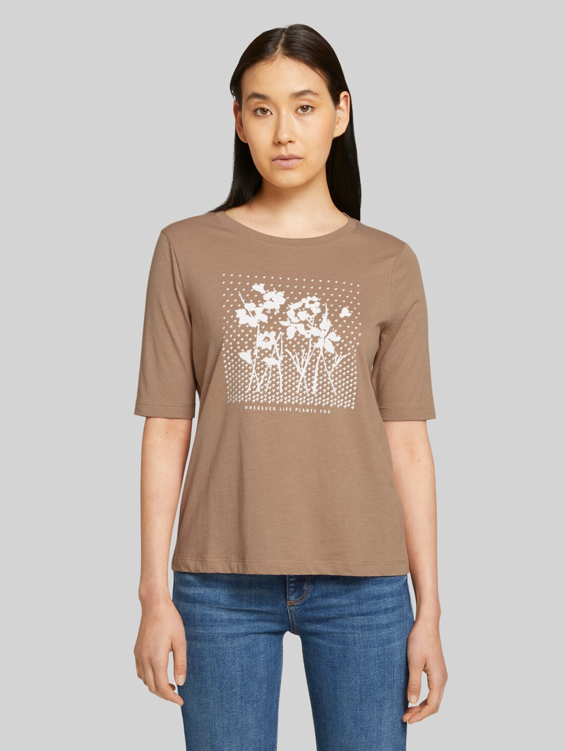 TOM TAILOR Halbarm Print Shirt mit Bio-Baumwolle, Damen, french clay beige melange, Größe: XL