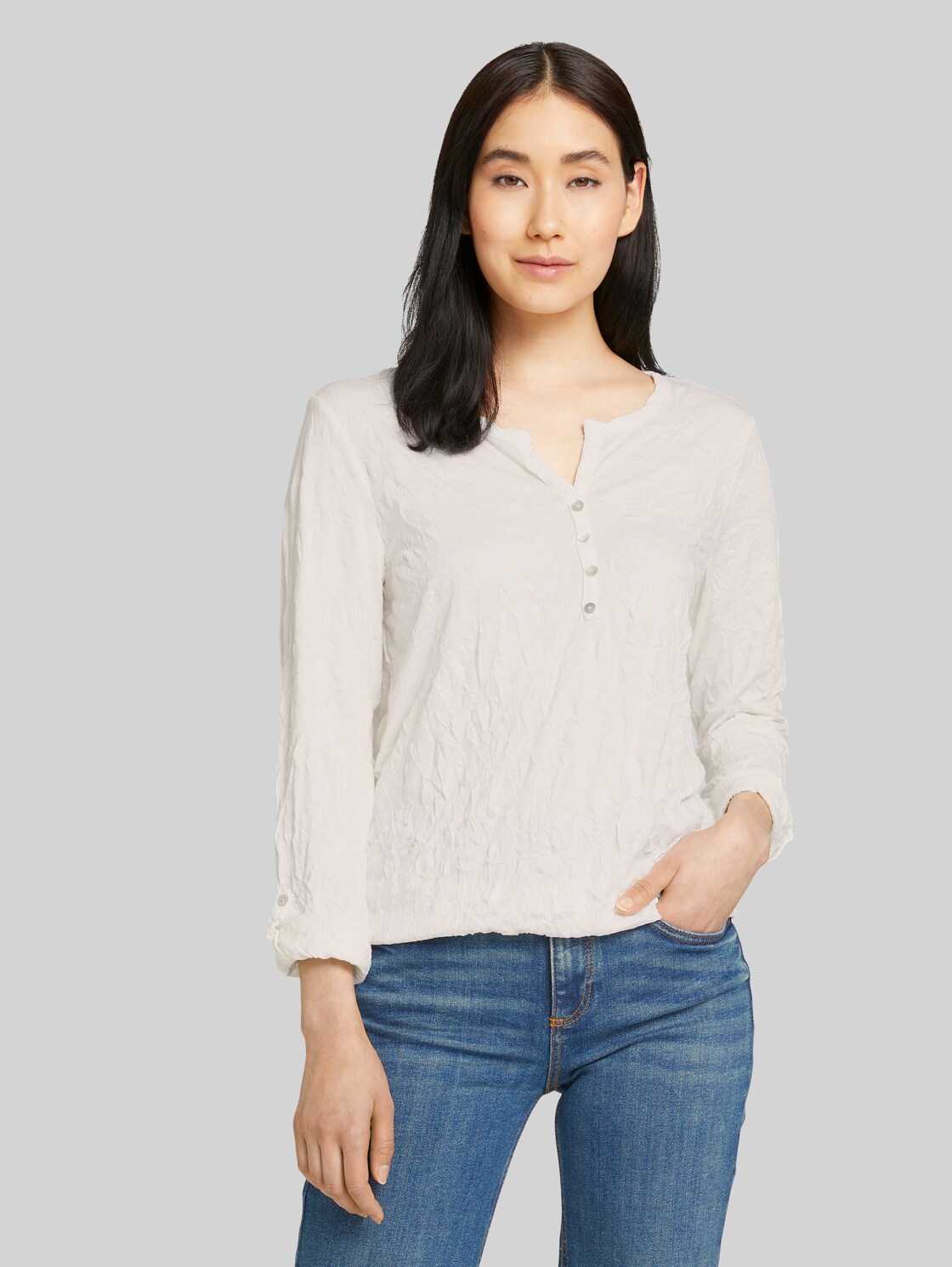 TOM TAILOR Henleyshirt in Knitteroptik, Damen, Whisper White, Größe: XL
