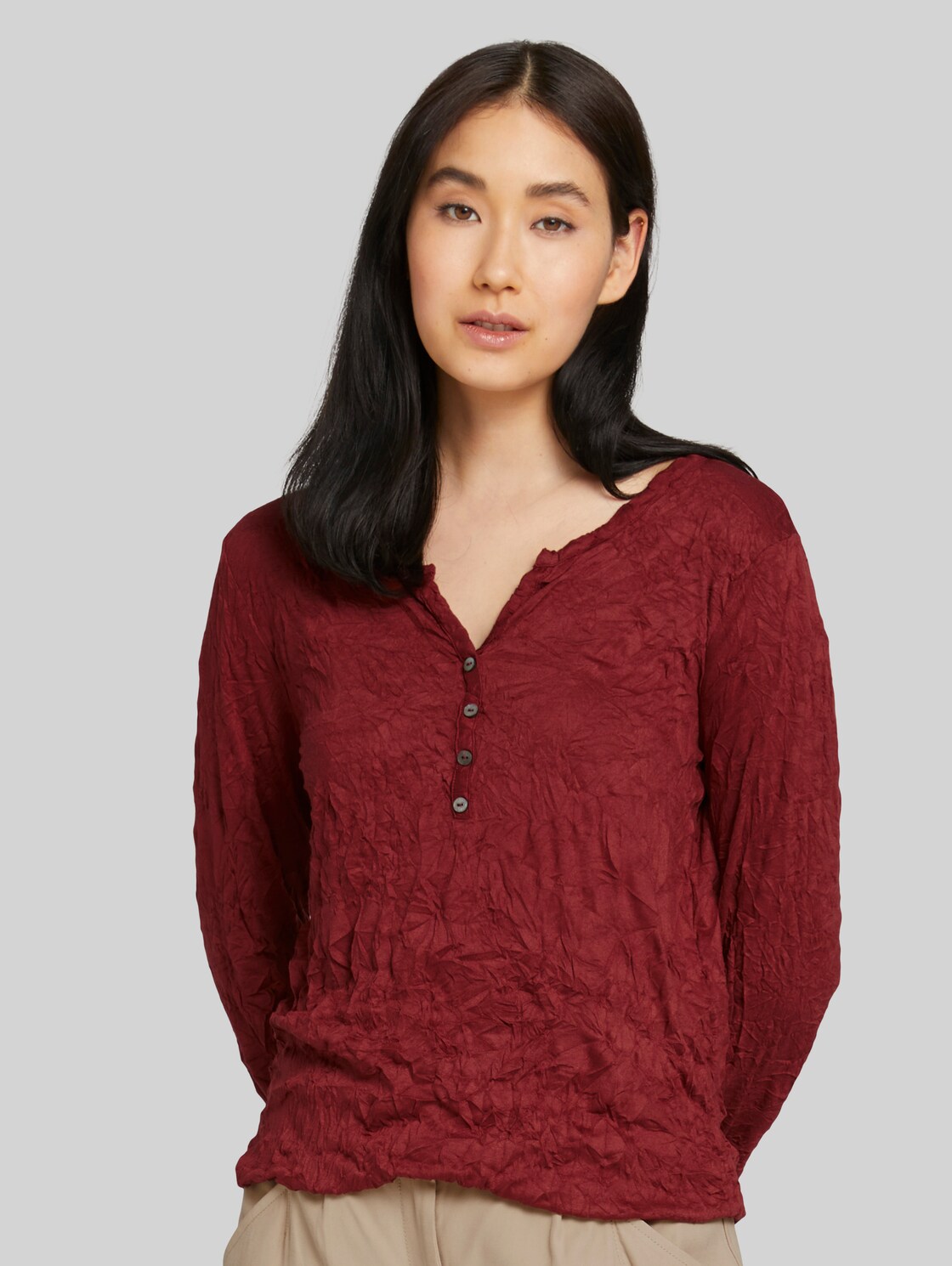 TOM TAILOR Henleyshirt in Knitteroptik, Damen, dark maroon red, Größe: XS