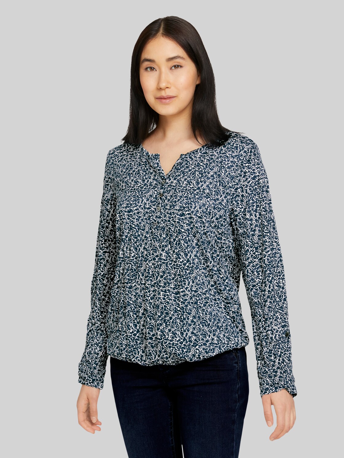 TOM TAILOR Henleyshirt in Knitteroptik, Damen, blue offwhite minimal, Größe: M