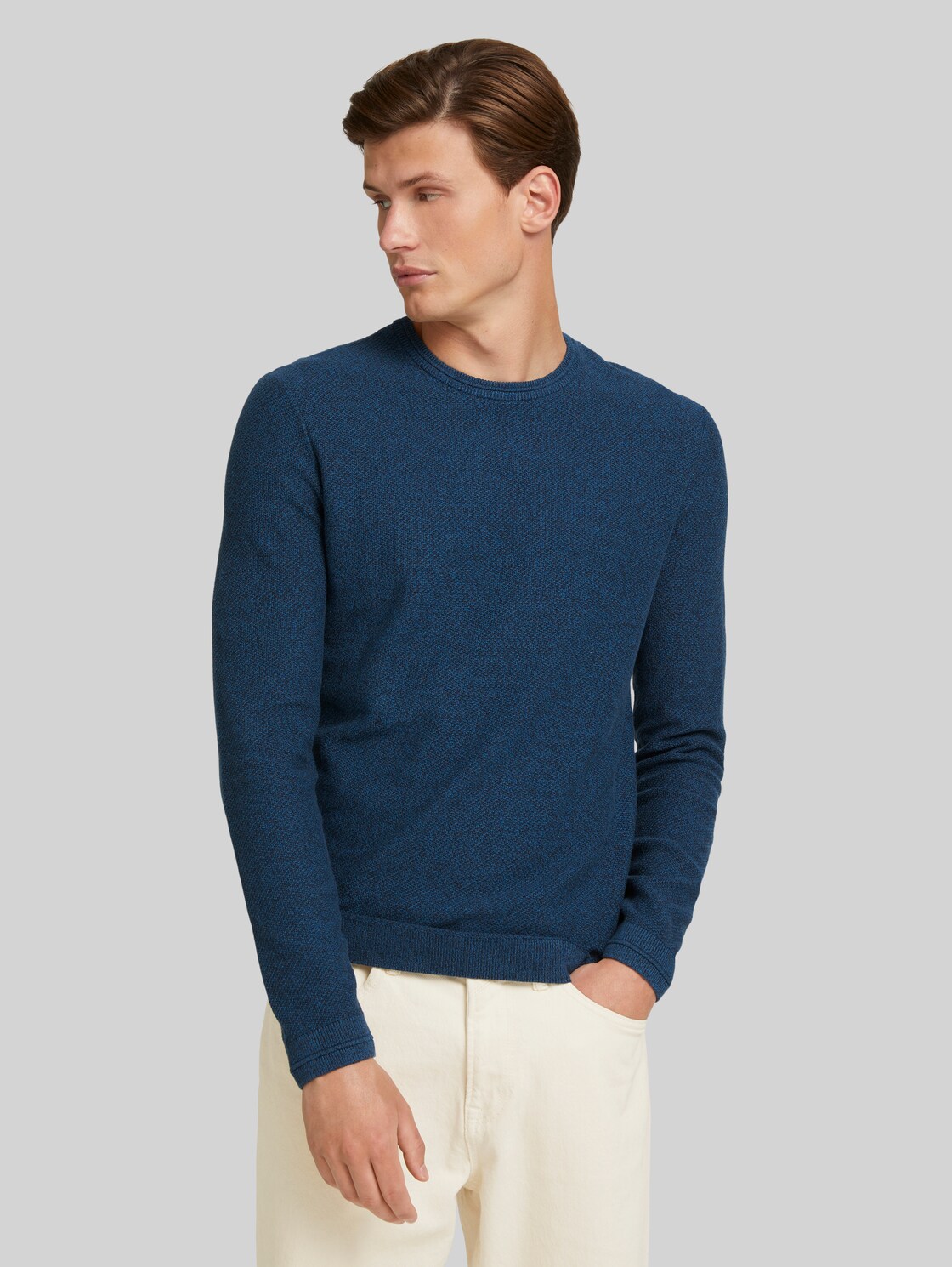 TOM TAILOR DENIM strukturierter Pullover mit Bio-Baumwolle, Herren, petrol navy mouline, Größe: M