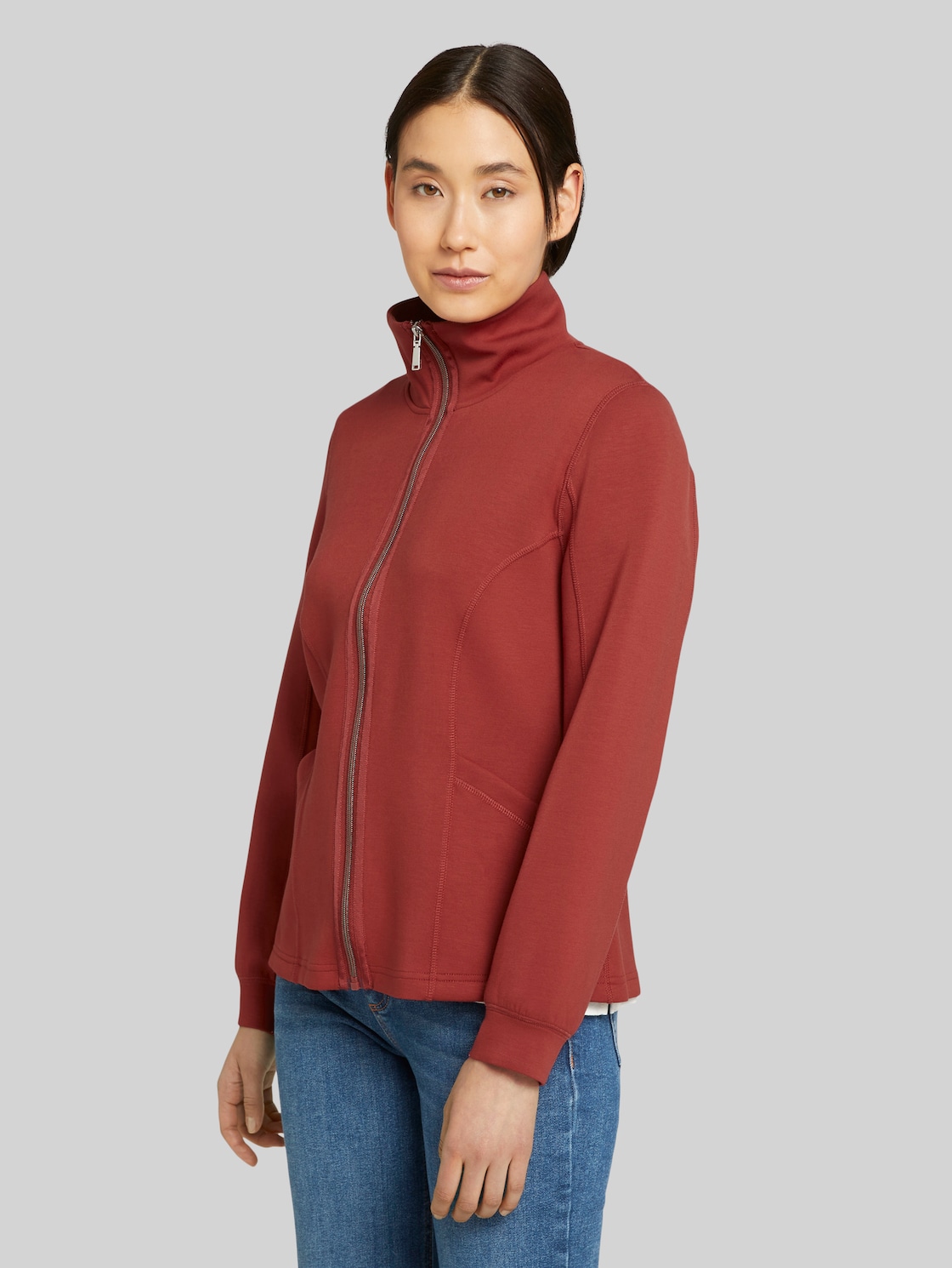 TOM TAILOR Sweatjacke mit Stehkragen, Damen, dark maroon red, Größe: XL