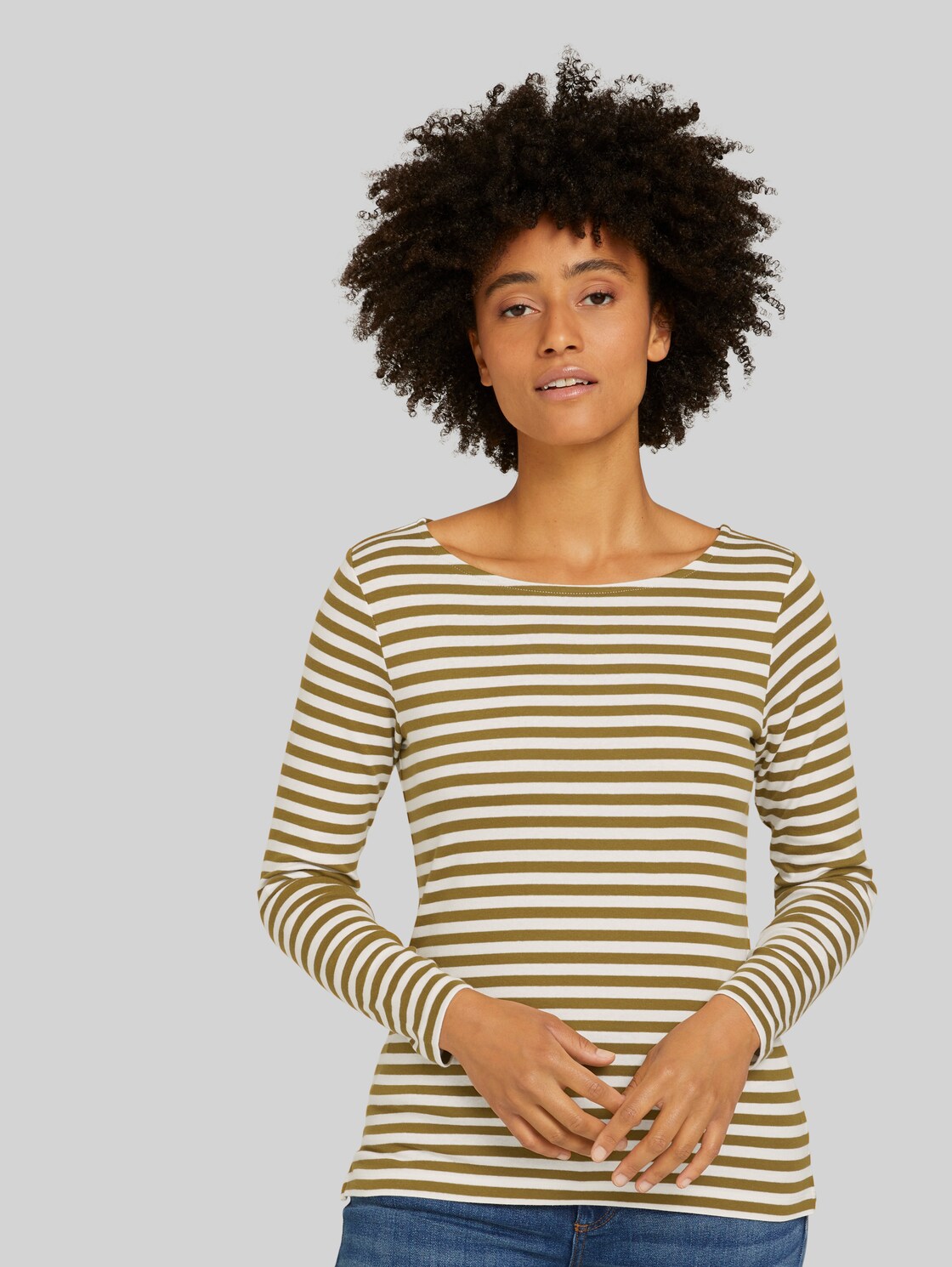 TOM TAILOR Gestreiftes Langarmshirt mit Bio-Baumwolle, Damen, green offwhite stripe, Größe: XL