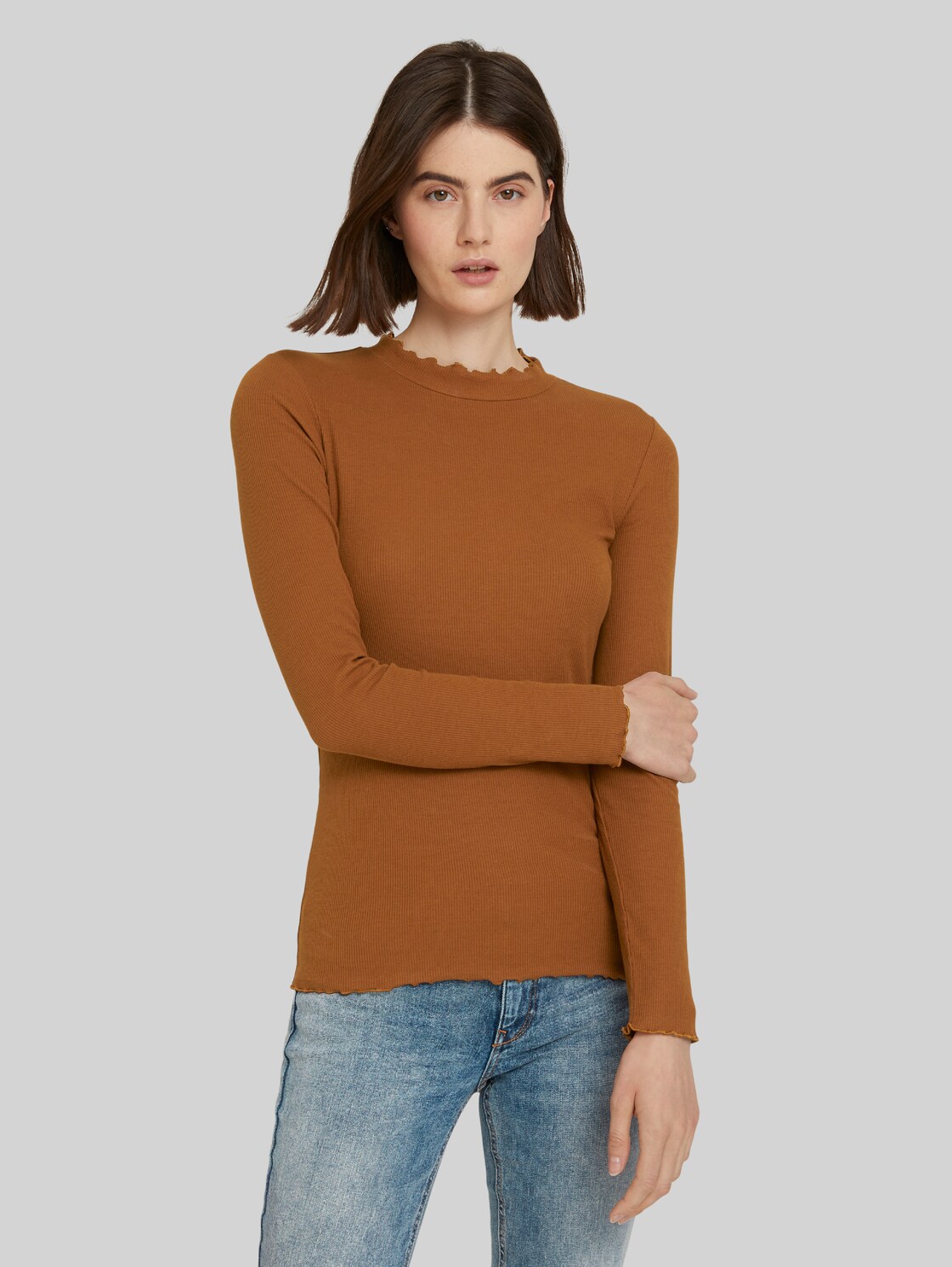 TOM TAILOR DENIM langarmshirt mit Stehkragen, Damen, amber brown, Größe: XL
