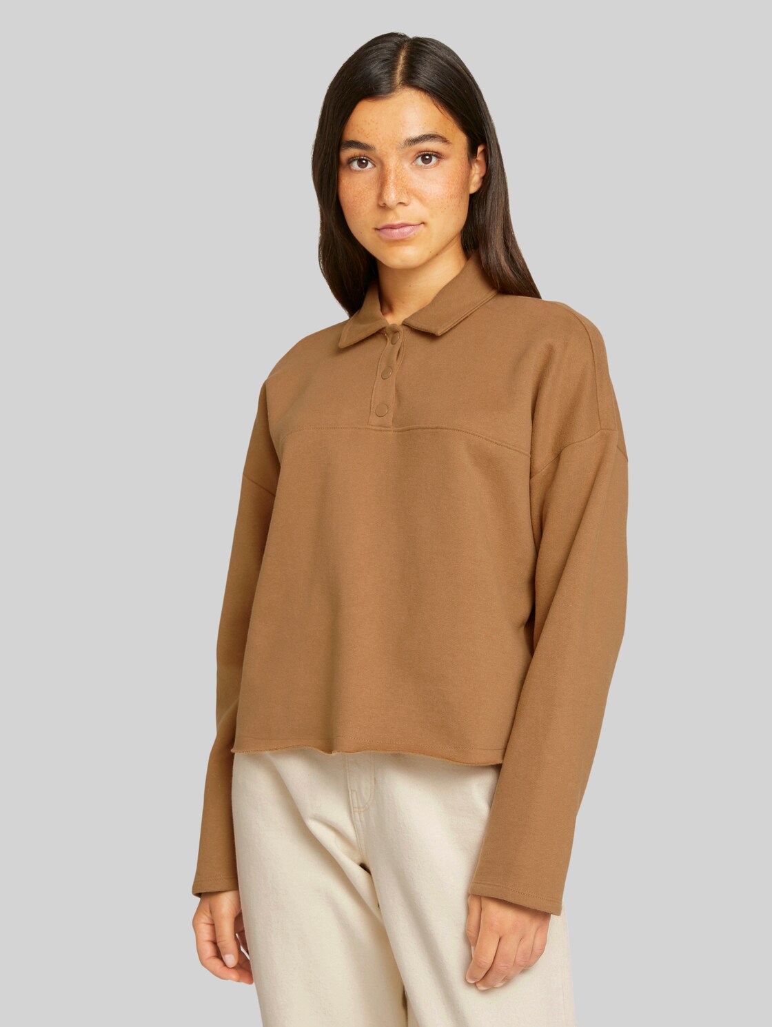 TOM TAILOR DENIM Cropped Polo-Sweatshirt mit Bio-Baumwolle, Damen, soft camel, Größe: XL