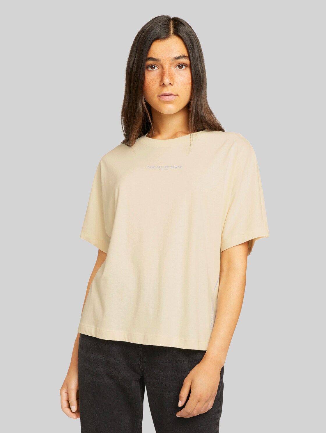 TOM TAILOR DENIM T-Shirt mit Print aus Bio-Baumwolle, Damen, soft creme beige, Größe: XL