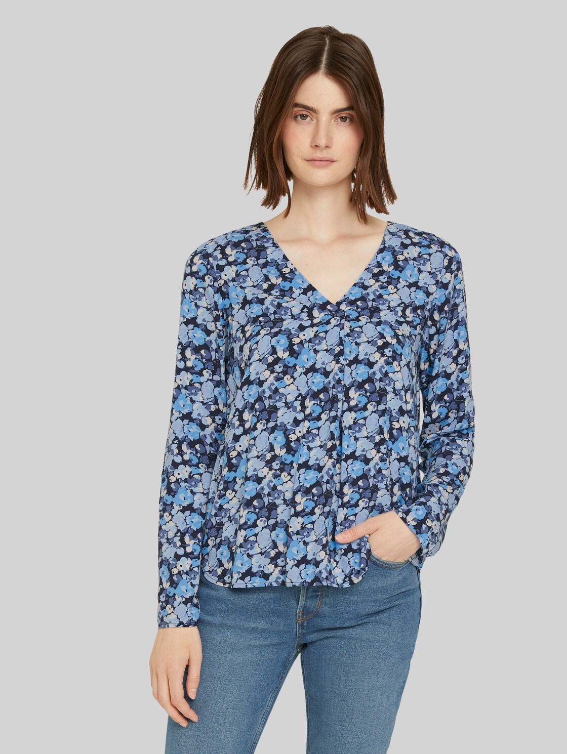TOM TAILOR DENIM Bluse mit LENZING(TM) ECOVERO(TM), Damen, blue-flower-print, Größe: XL