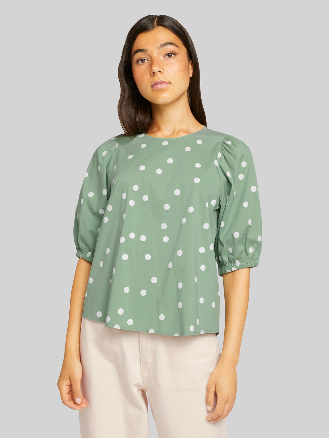 TOM TAILOR DENIM Shirt mit Ballonärmeln, Damen, green dot print, Größe: M
