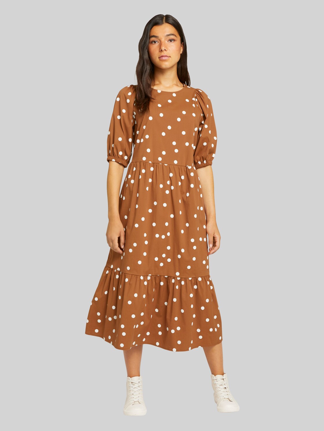 TOM TAILOR DENIM gepunktetes Midi Kleid, Damen, brown dot print, Größe: M