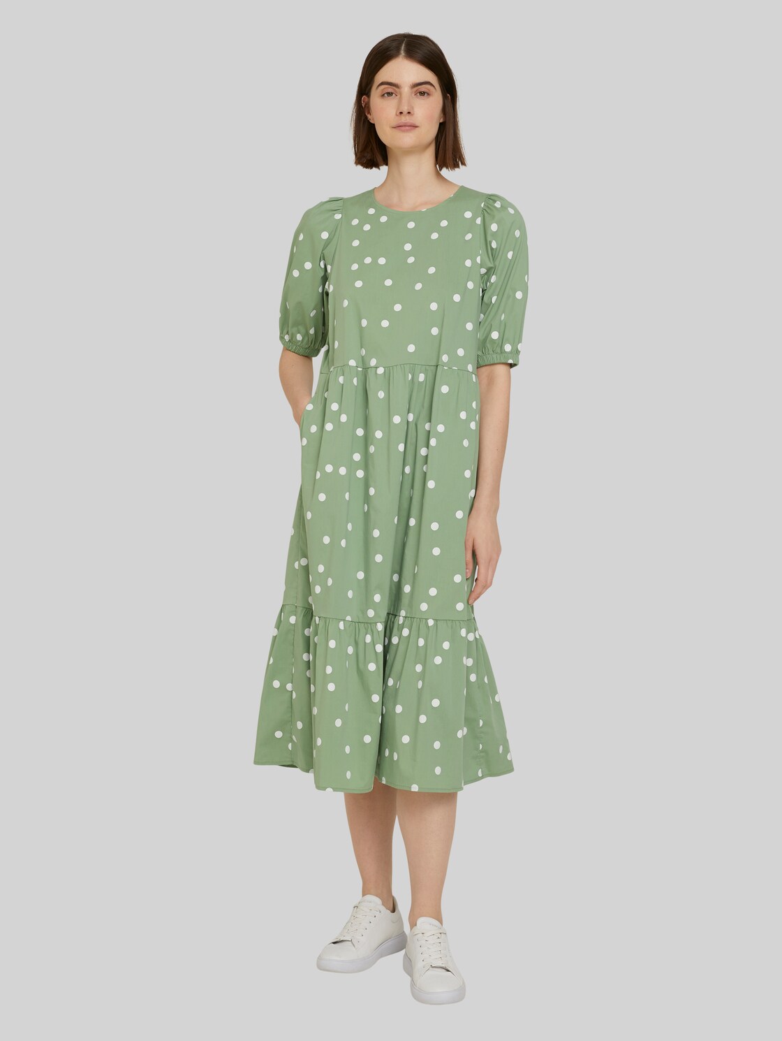 TOM TAILOR DENIM gepunktetes Midi Kleid, Damen, green dot print, Größe: XL