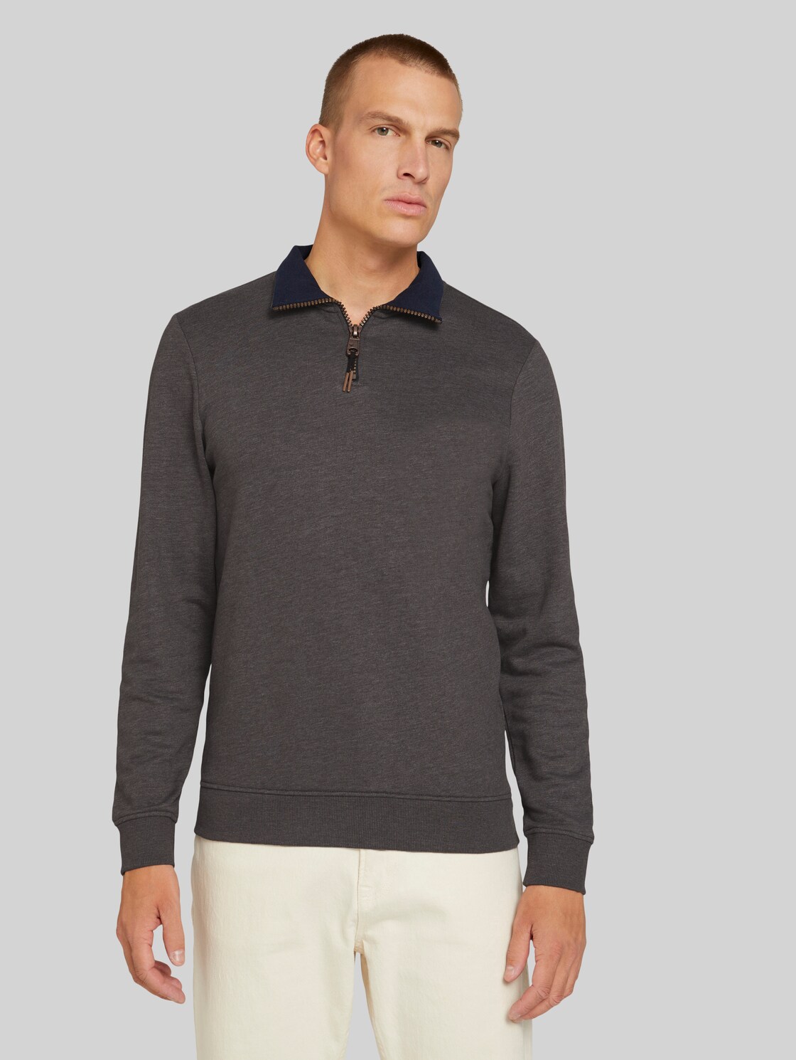 TOM TAILOR Sweatshirt mit Troyer-Kragen, Herren, Cyber Grey Melange, Größe: XL