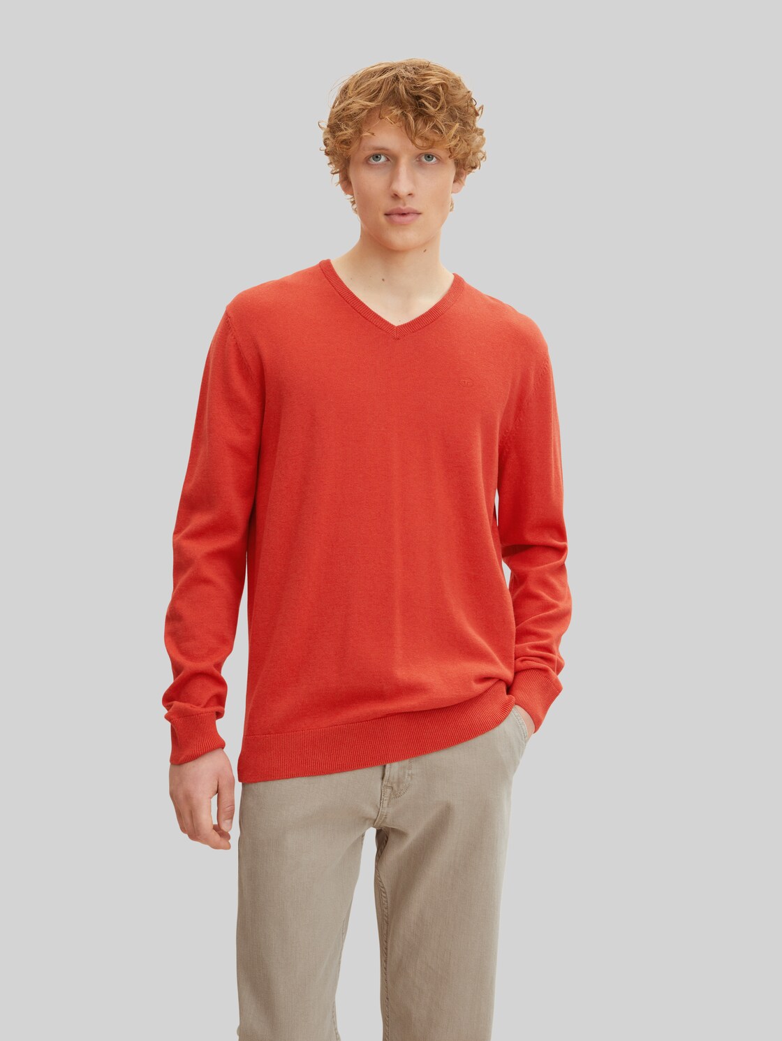 TOM TAILOR Herren Melierter Pullover mit V-Ausschnitt, rot, Gr. XL,