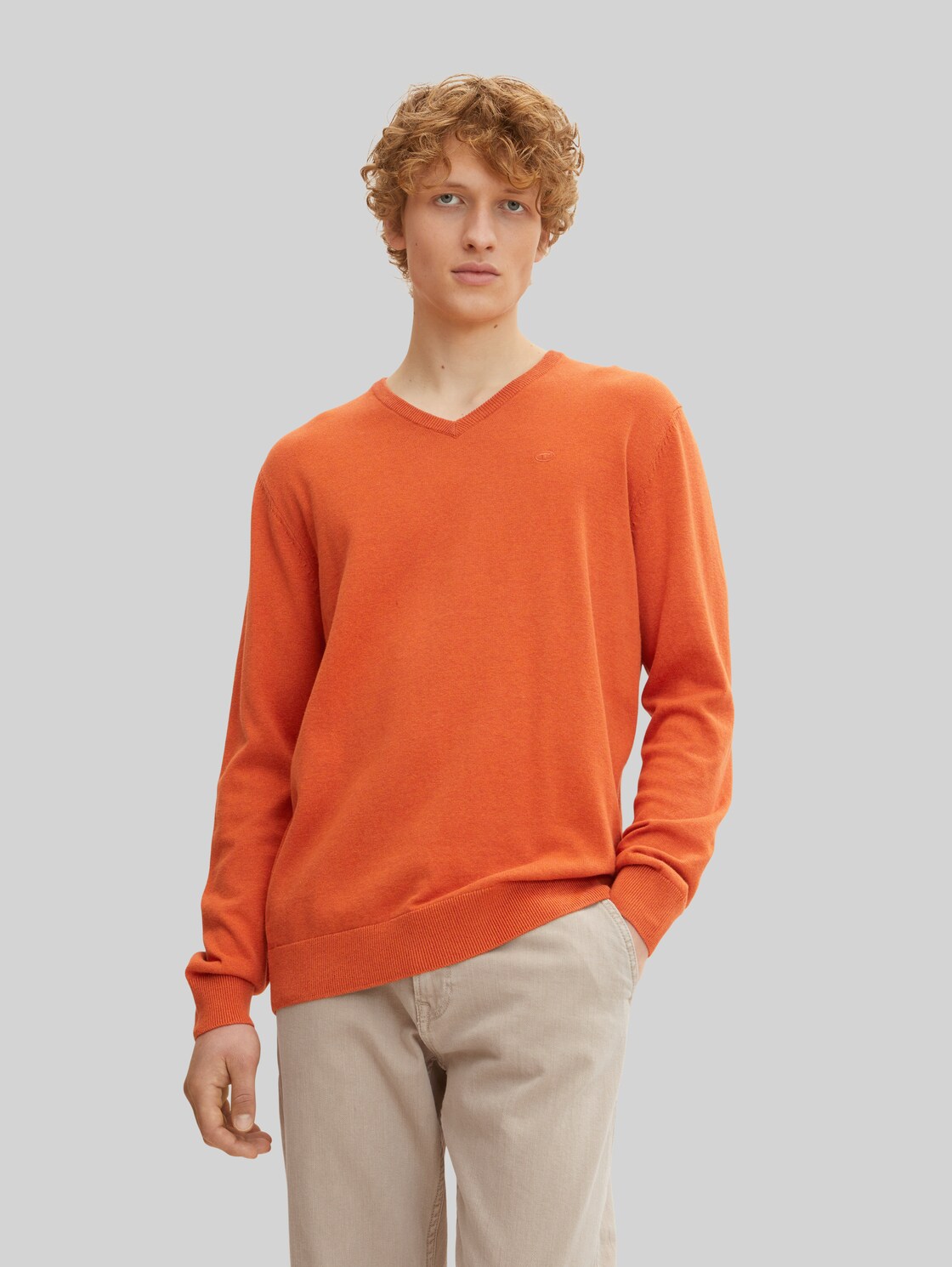 TOM TAILOR Herren Melierter Pullover mit V-Ausschnitt, orange, Gr. XL,