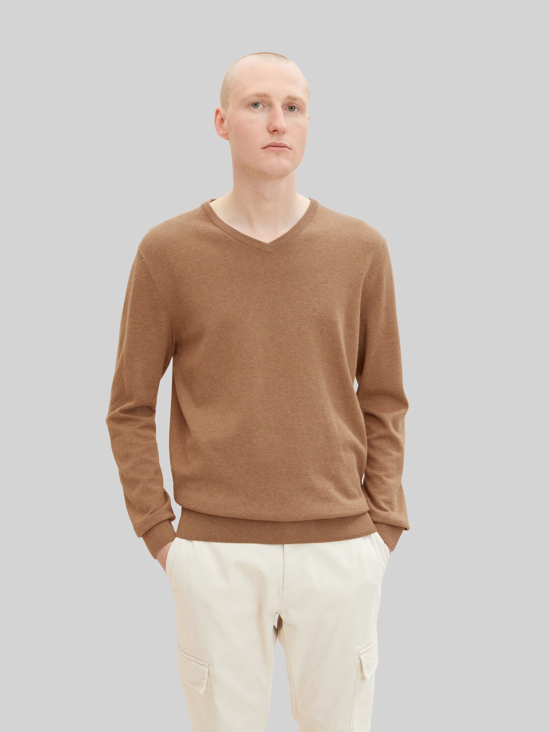 TOM TAILOR Herren Melierter Pullover mit V-Ausschnitt, beige, Gr. XXL,