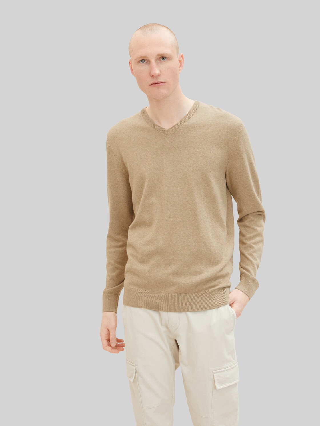 TOM TAILOR Herren Melierter Pullover mit V-Ausschnitt, beige, Gr. XL,