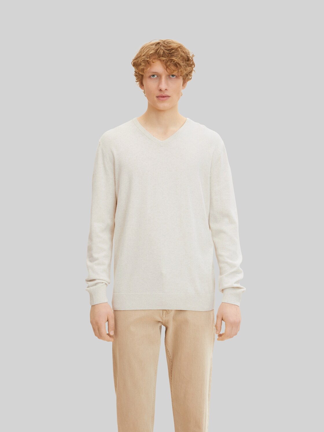 TOM TAILOR Herren Melierter Pullover mit V-Ausschnitt, weiß, Gr. XL,