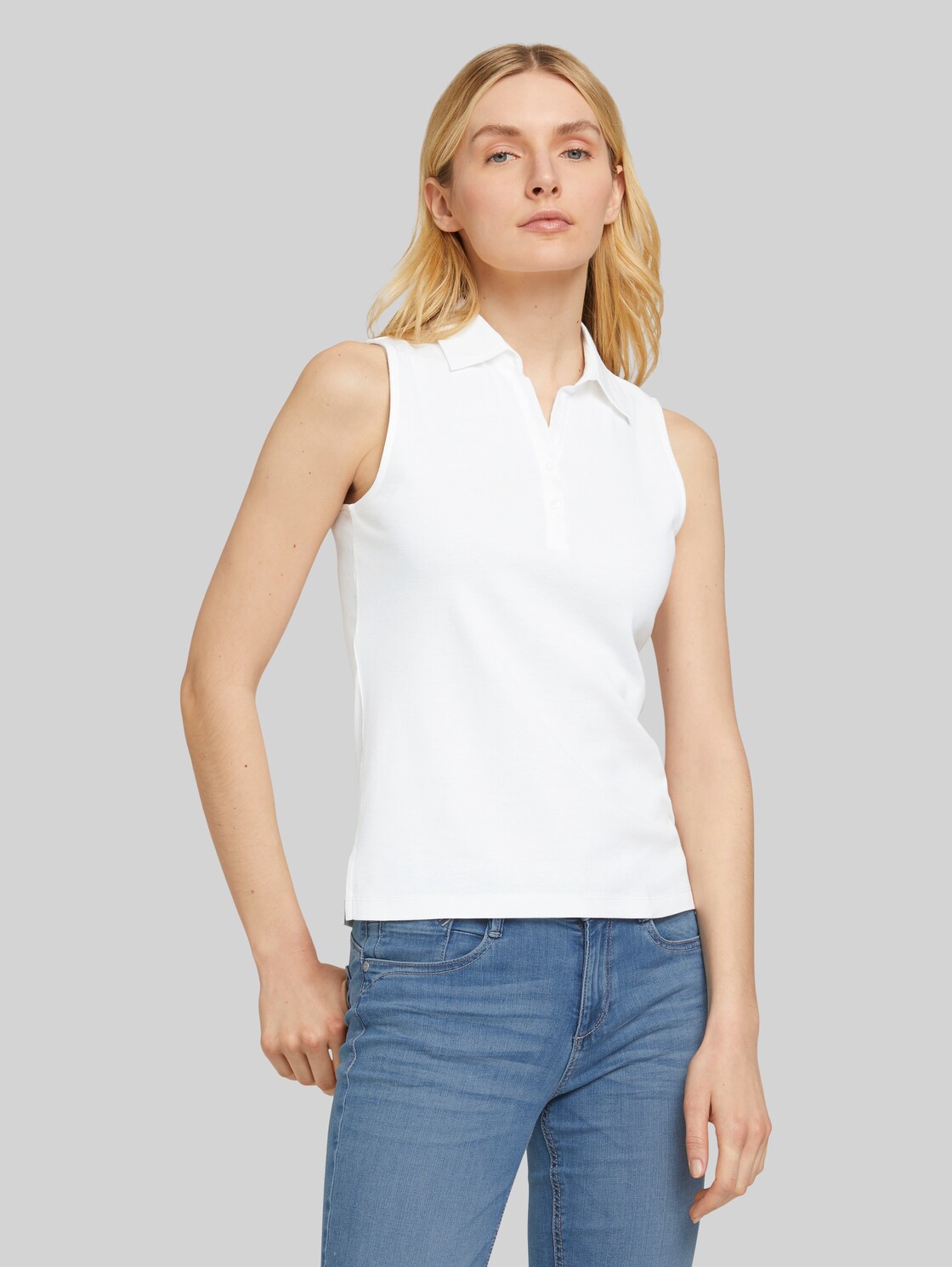 TOM TAILOR Damen Ärmelloses Poloshirt mit Bio-Baumwolle, weiß, Gr. XL, baumwolle