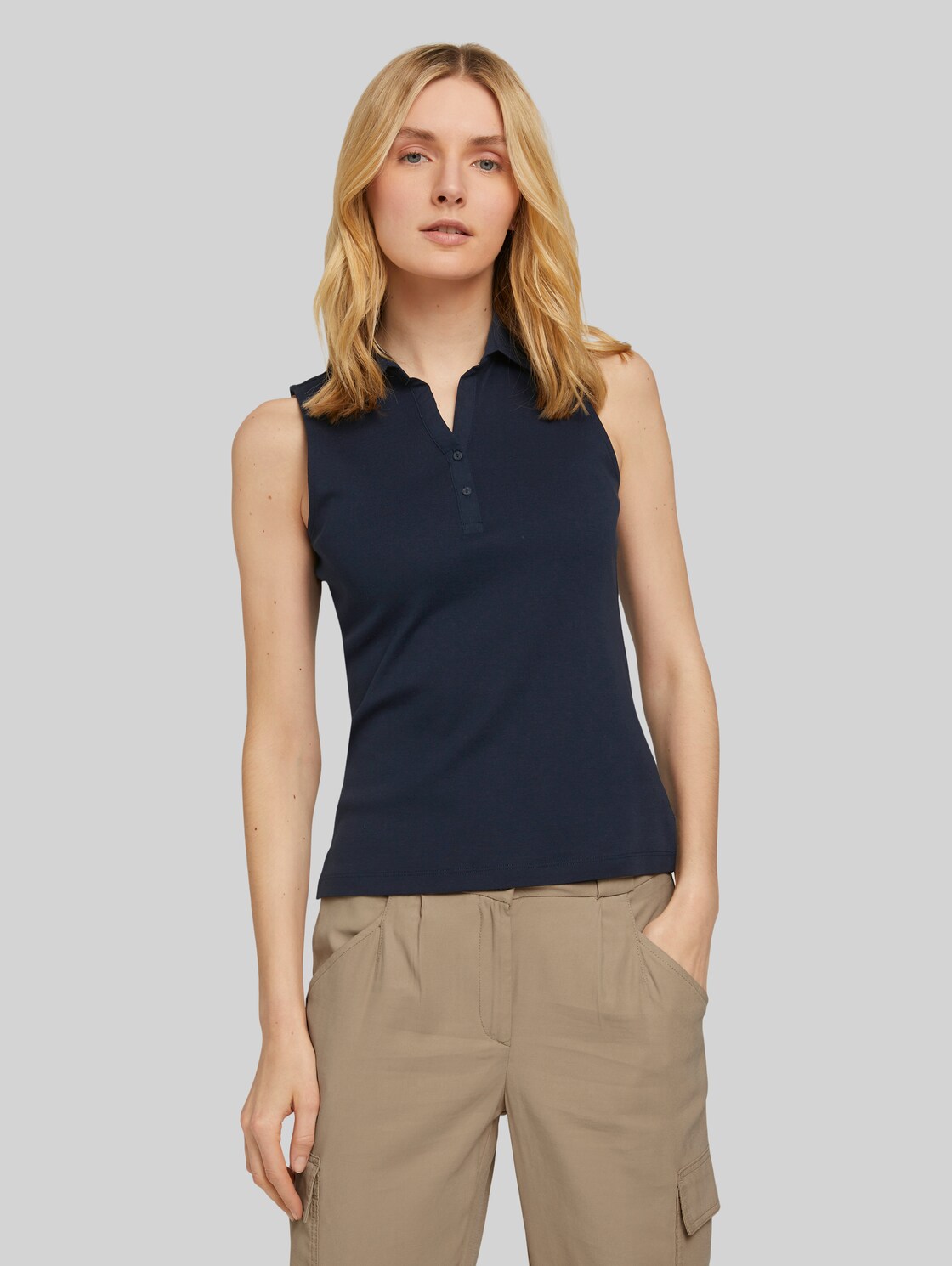 TOM TAILOR Damen Ärmelloses Poloshirt mit Bio-Baumwolle, blau, Gr. L, baumwolle