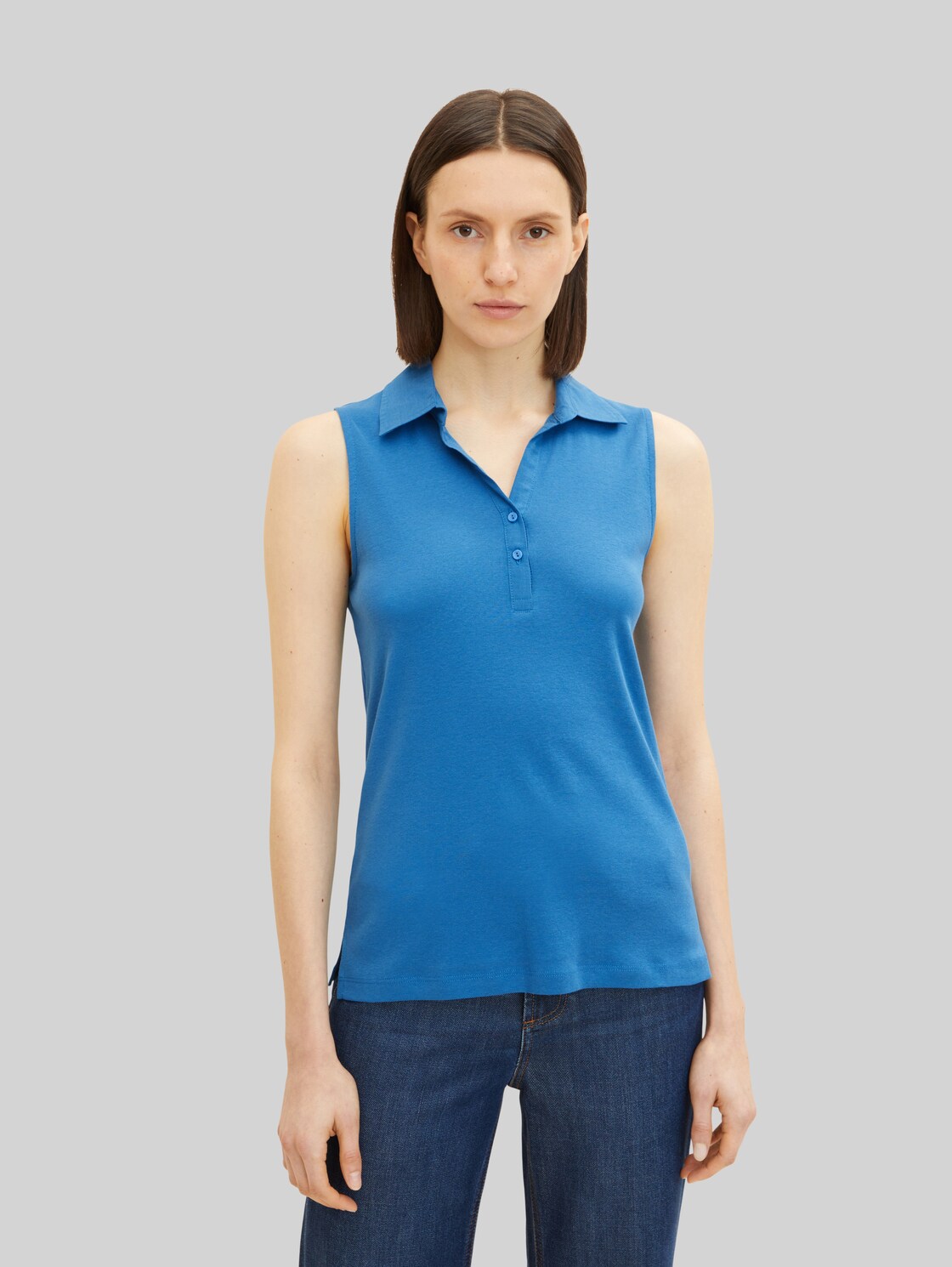 TOM TAILOR Damen Ärmelloses Poloshirt mit Bio-Baumwolle, blau, Gr. XL, baumwolle