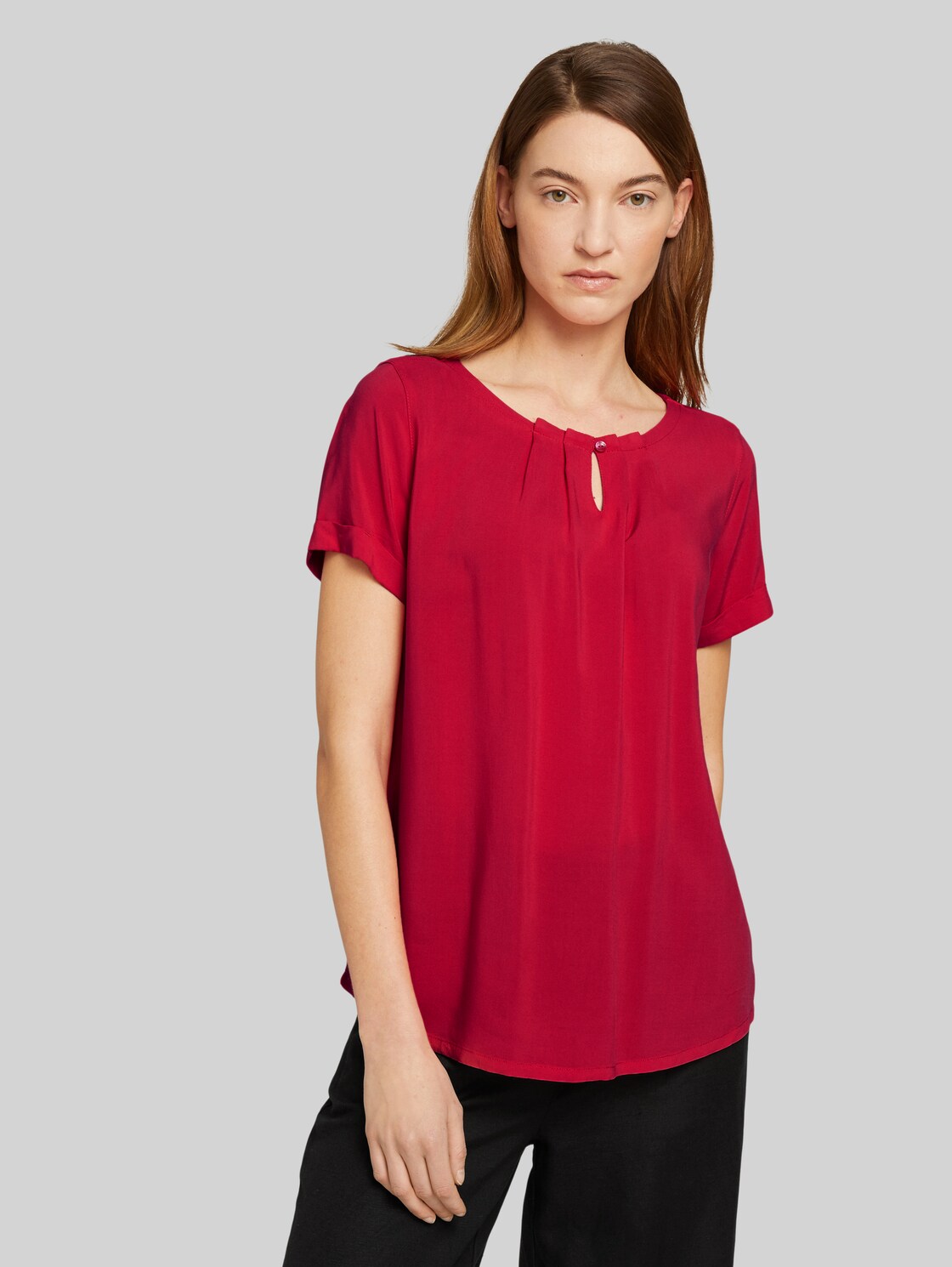TOM TAILOR Kurzarmbluse mit Faltendetail, Damen, Bloody Mary, Größe: 38